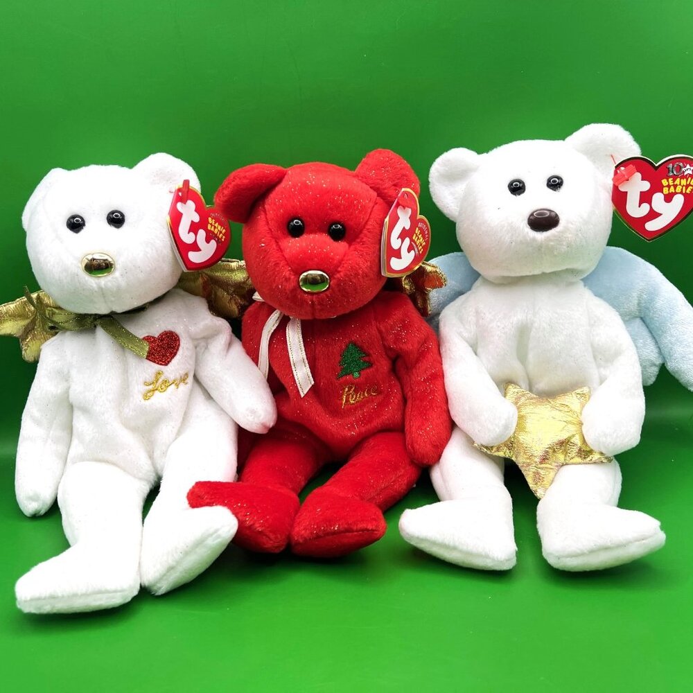 Ty Beanie Baby Christmas Angel Bear Lot of 3 MWMT Gift Love Peace Star Plush